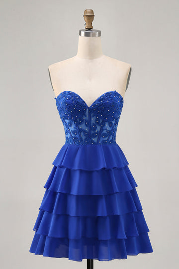 Axelbandslös A-linje Tiered Korsett Royal Blue Homecoming Klänning med Beading